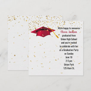 Convites Boné de formatura Vermelho com Confetti Dourado
