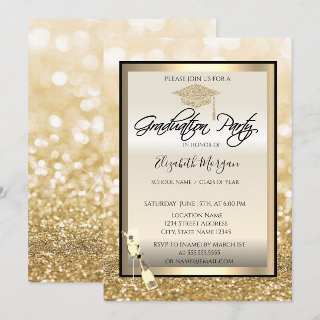 Convites Boné de formatura,Vidro de Vinho Dourado Graduação (Frente/Verso)