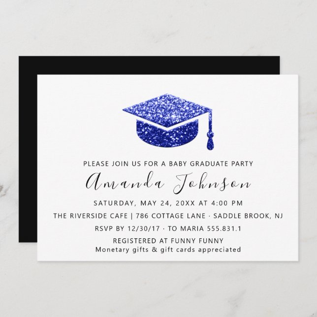 Convites Boné do Formando Branco Azul Estudante do formando (Frente/Verso)