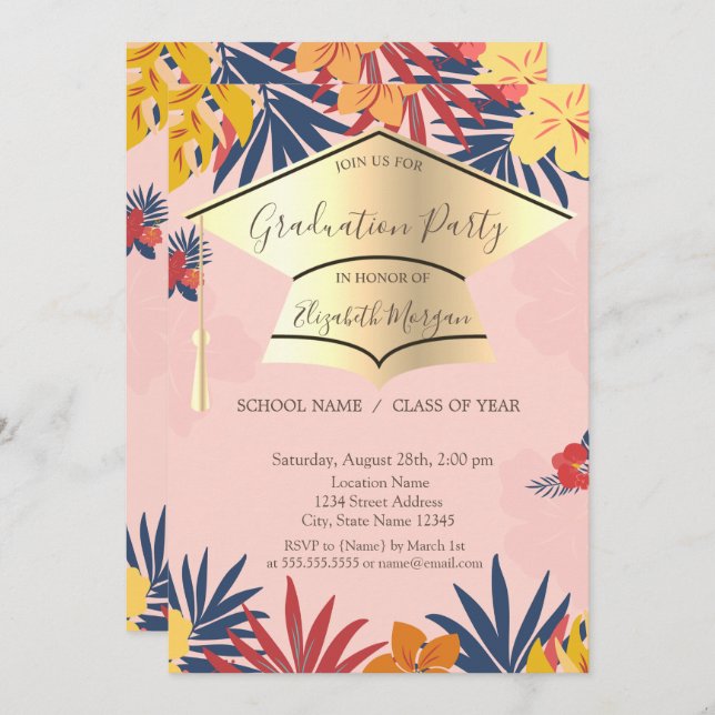 Convites Boné Dourado, Palm Deixa Flores Graduação (Frente/Verso)