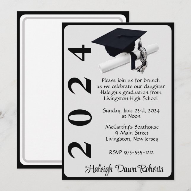 Convites Boné e Diploma 5x7 Graduação em preto e prata (Frente/Verso)