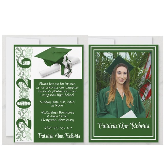Convites Boné e Diploma Foto, Graduação Verde e Branca (Graduation invitations with photos and a cap and diploma design!)