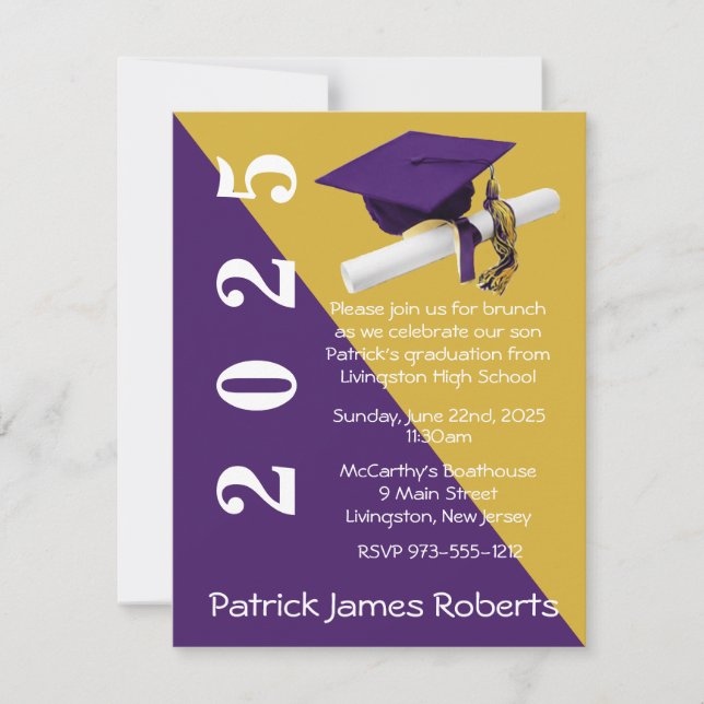 Convites Boné e Diploma, Graduação Dourada Roxo e Metálico (Frente)