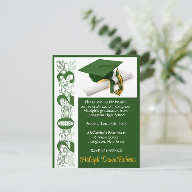 Convites Boné e Diploma, Graduação Verde e Dourada (Em pé/Frente)