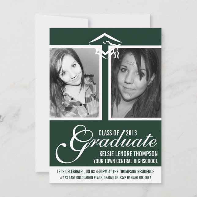 Convites Boné e script de dois Formandos de fotos em verde  (Frente)