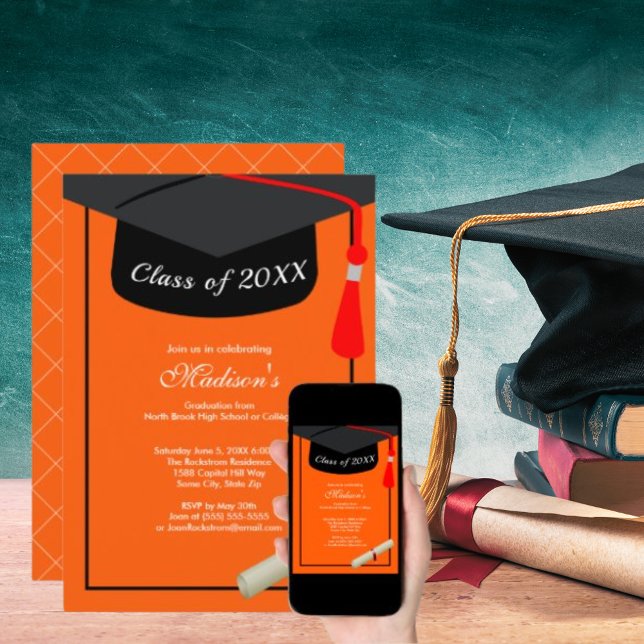 Convites Boné Formando preto Diploma Festa de formatura lar (Black Grad Cap Diploma Orange Graduation Party Invitation)
