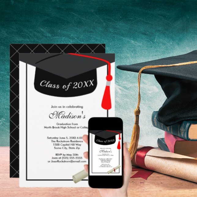 Convites Boné Negro Diploma Festa de formatura Moderna (Black Grad Cap Diploma Modern Graduation Party Invitation)