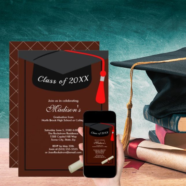 Convites Boné Negro Diploma Simples Festa de formatura Cast (Black Cap Diploma Simple Graduation Party Brown Invitation)