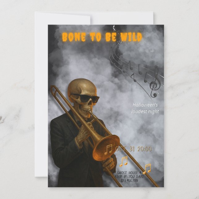 Convites Bone to Be Wild - Skeleton Trombone | Halloween (Frente)