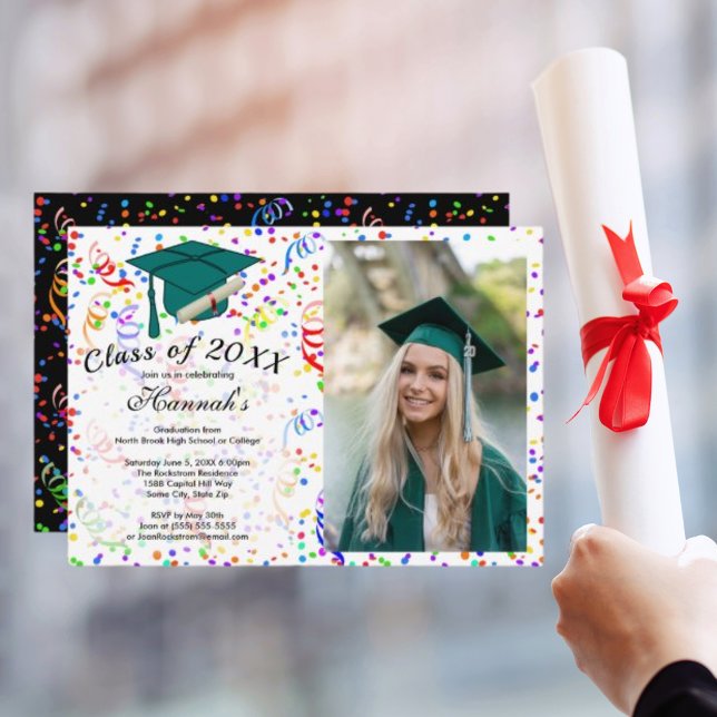 Convites Boné Verde de Graduação de Foto Classe de Partido  (Photo Graduation Green Cap Confetti Class of Party Invitation)