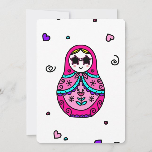 Convites Boneca Russa rosa kawaii (Frente)