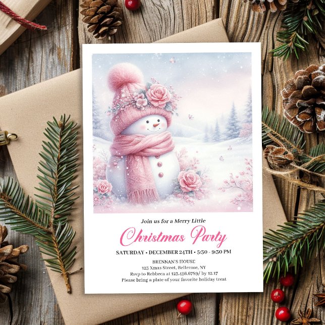 Convites Boneco de Neve Coquette Rosa Suave Natal Edição In (Soft Pink Coquette Snowman Editable Christmas Kids Invite)