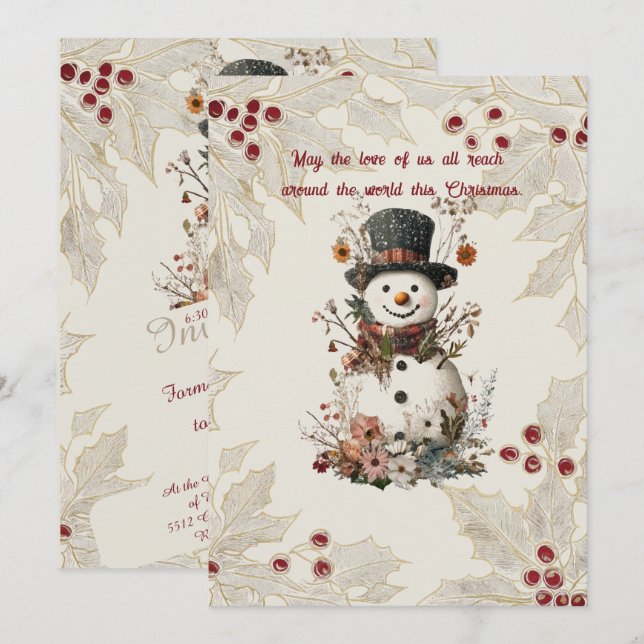 Convites Boneco de Neve em Aquarela Artística Bege Floral (Frente/Verso)