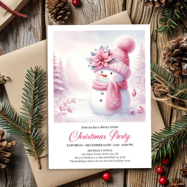Convites Boneco de Neve Rosa Encantador Natal Crianças Edit (Charming Pink Snowman Kids Editable Christmas Invitation

)