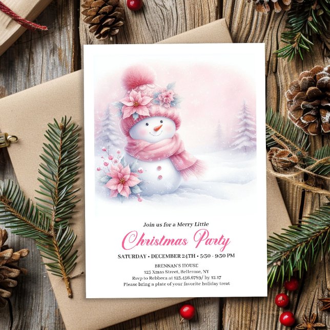 Convites Boneco de Neve Rosa Radiante Festa de Natal Digita (Radiant Pink Snowman Digital Kids Christmas Party Invite)