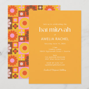 Convites Bonita Bat Mitzvah Geométrica Groovy Retro Amarela