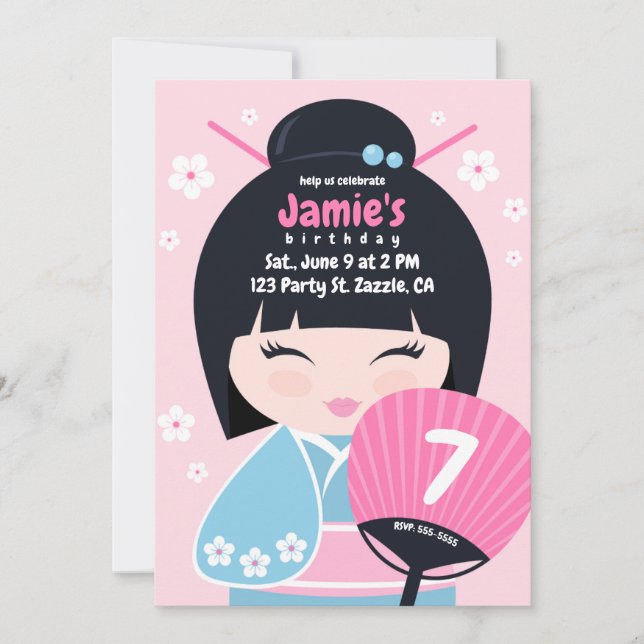 Convites Bonita Boneca Kokeshi Aniversário (Frente)