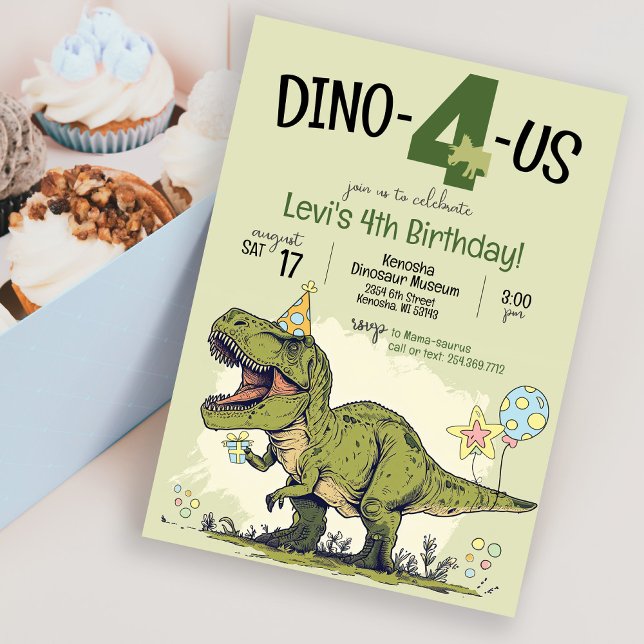 Convites Bonita Cartoon Dinossauro Dino-4-us 4ª Festa de An (Cute Funny cartoon dinosaur wearing a party hat four 4th birthday party invitation, dino-4-us, green)