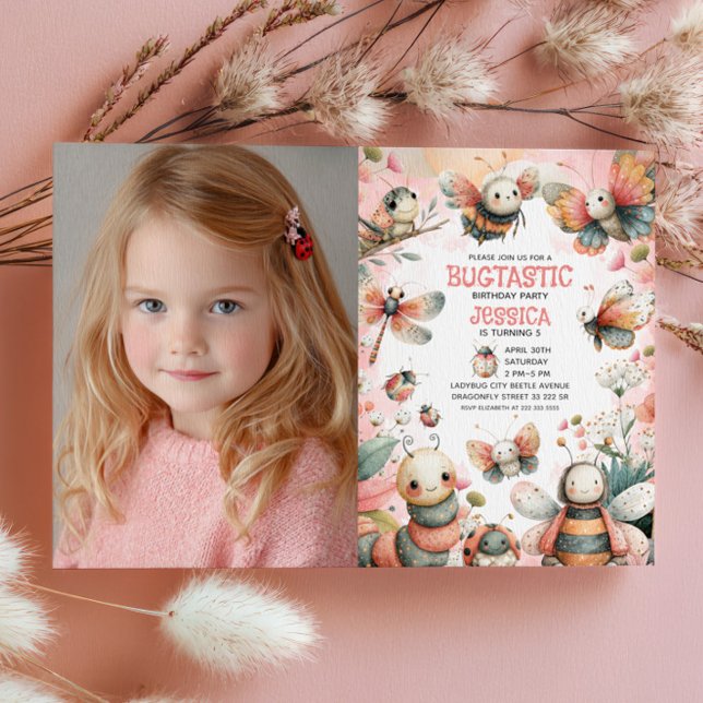Convites Bonita Insetos Rapariga Bugtastic Foto Aniversário (Criador carregado)