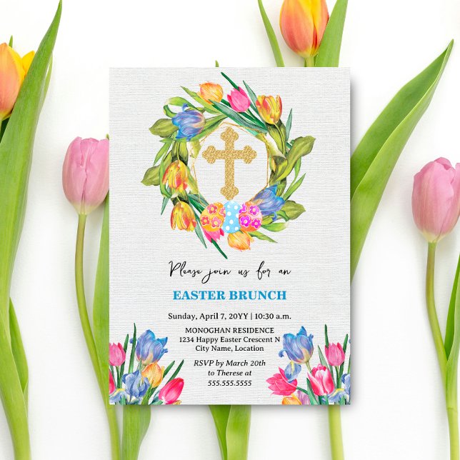 Convites Bonitas Tulipas de Ovos de Páscoa Dourada (Beautiful gold cross, tulip wreath and Easter Eggs brunch invitation front view.)