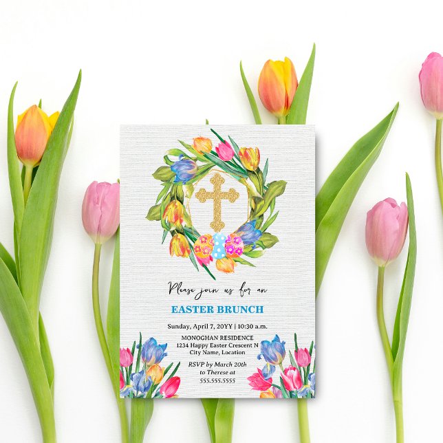 Convites Bonitas Tulipas de Ovos de Páscoa Dourada (Beautiful gold cross, tulip wreath and Easter Eggs brunch invitation front view.)