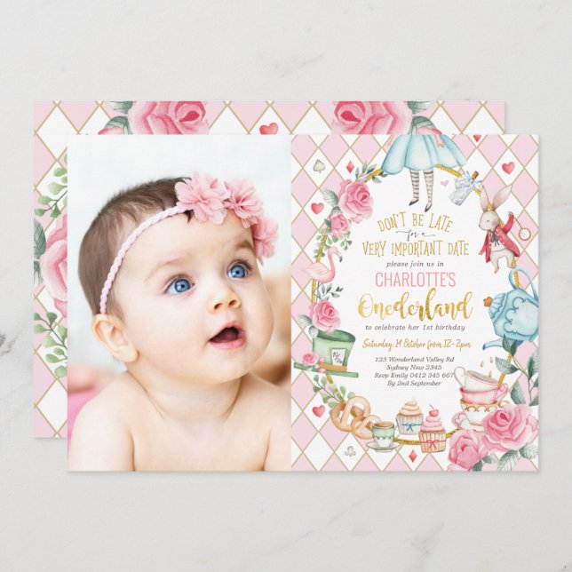 Convites Bonito Alice no Partido do Chá primeiro aniversari (Frente/Verso)