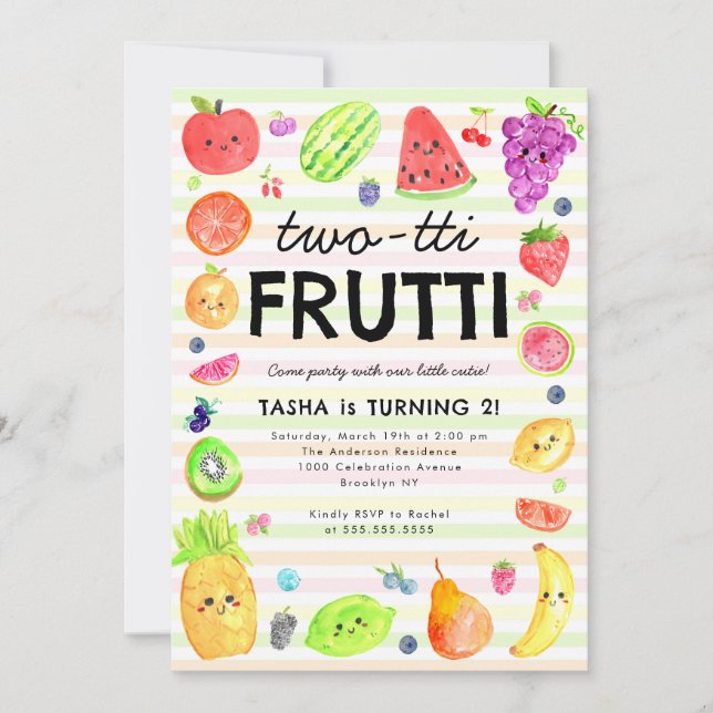Convites Bonito Aniversário de 2 anos TWO-tti Frutti Frutas (Frente)