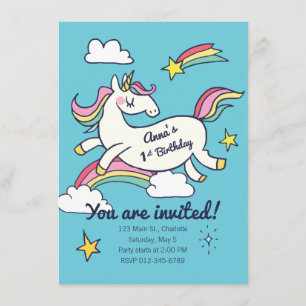 Convites Bonito Aniversário Doodle Rainbow Unicorn e Stars.
