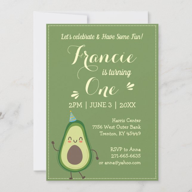 Convites Bonito Avocado Personalize o primeiro aniversario  (Frente)