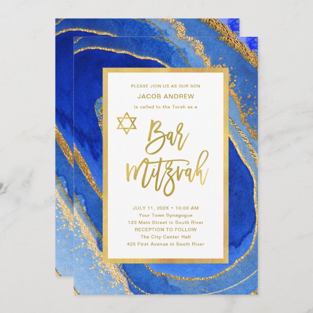 Convites Bonito Blue e Dourado Geode | Bar Mitzvah (Frente/Verso)