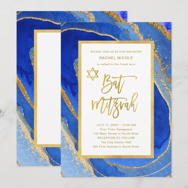Convites Bonito Blue e Dourado Geode | Bat Mitzvah (Frente/Verso)