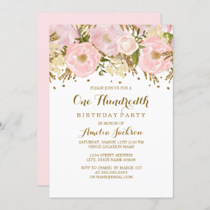 Convites Bonito Blush Dourado Floral 100º Aniversário, Cor-