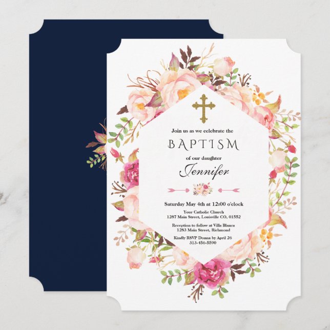Convites Bonito Blush Floral Geométrico Pó Azul (Frente/Verso)