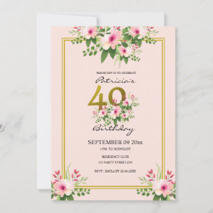 Convites Bonito Blush Floral Rosa E aniversário de 40 anos