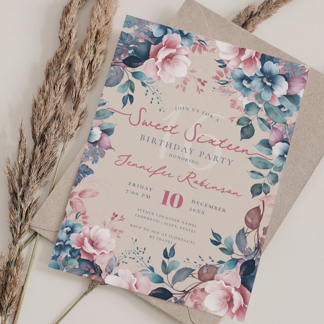 Convites Bonito Boho Blue Garden Floral Sweet 16 Champanhe (Pretty Boho Blue Garden Floral Sweet 16 Champagne Invitation)
