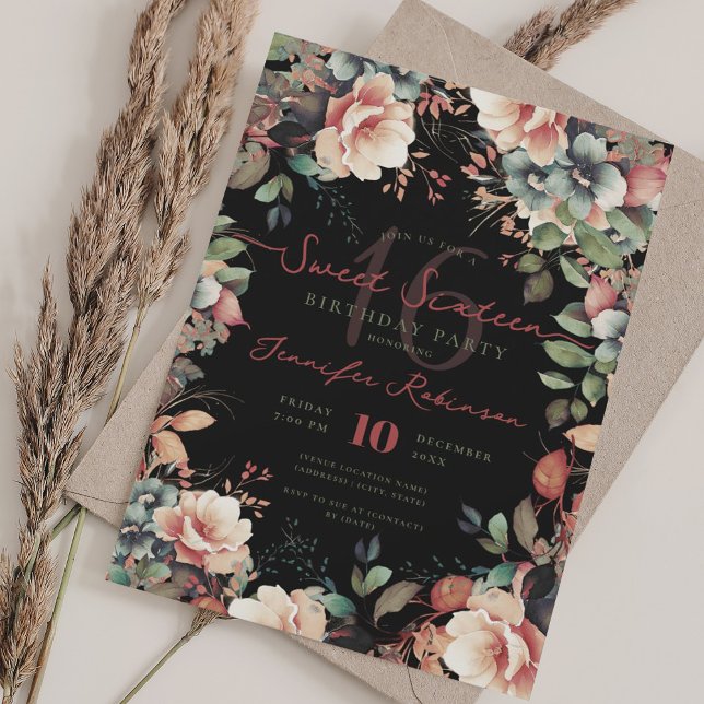 Convites Bonito Boho Garden Floral Sweet 16 Black (Pretty Boho Garden Floral Sweet 16 Black Invitation)