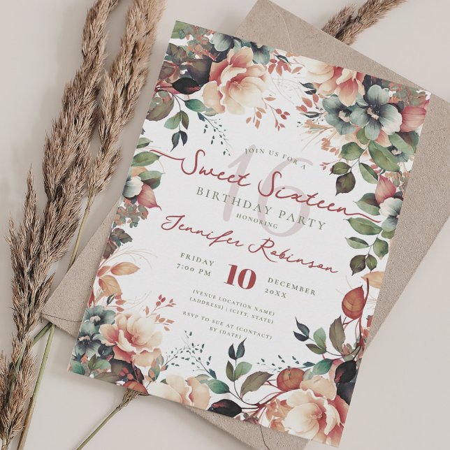 Convites Bonito Boho Garden Floral Sweet 16 Party (Pretty Boho Garden Floral Sweet 16 Party Invitation)
