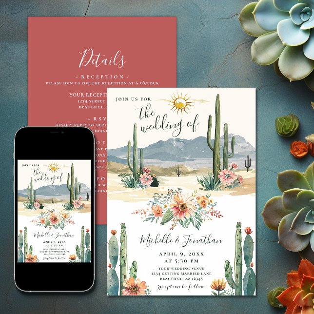 Convites Bonito Cactus Flor do Deserto Todos em Um Casament (Pretty Desert Flowering Cactus All in One Wedding Invitation)