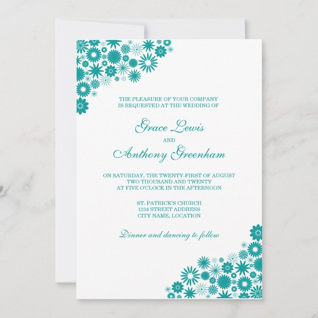Convites Bonito Casamento Floral Teal (Frente)