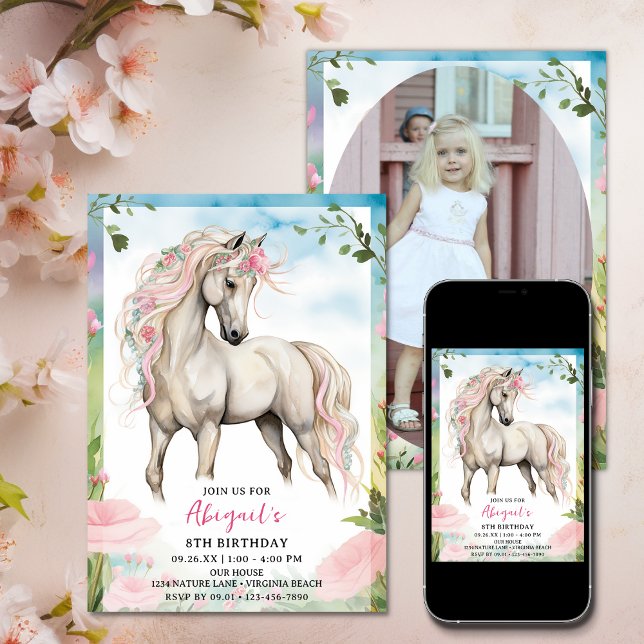 Convites Bonito Cavalo Branco e Flores Rosa Foto de Anivers (Pretty White Horse and Pink Flowers Photo Birthday Invitation)