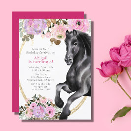 Convites Bonito Cavalo Negro com Flores Rosa Aniversário