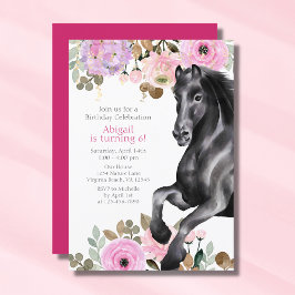 Convites Bonito Cavalo Negro com Flores Rosa Aniversário
