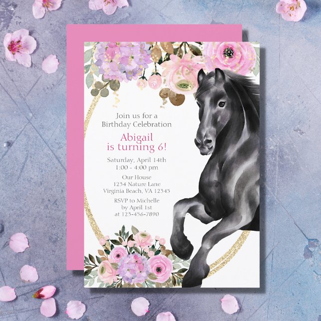 Convites Bonito Cavalo Negro com Flores Rosa Aniversário (Criador carregado)