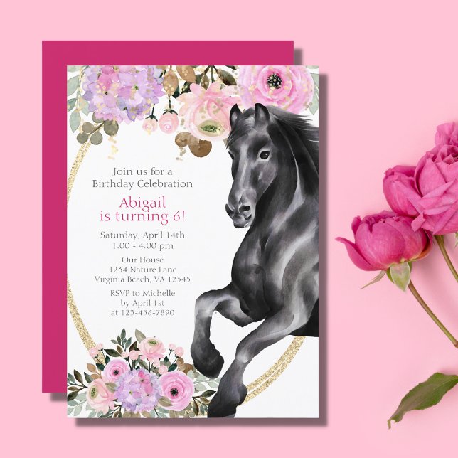 Convites Bonito Cavalo Negro com Flores Rosa Aniversário (Criador carregado)