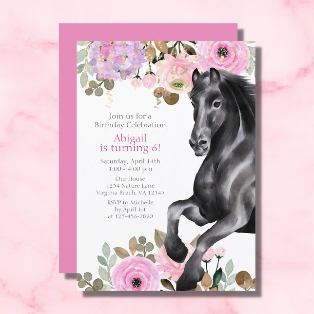 Convites Bonito Cavalo Negro com Flores Rosa Aniversário (Criador carregado)