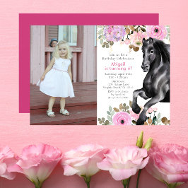 Convites Bonito Cavalo Negro e Flores Rosa Foto de Aniversá