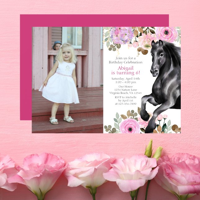 Convites Bonito Cavalo Negro e Flores Rosa Foto de Aniversá (Criador carregado)