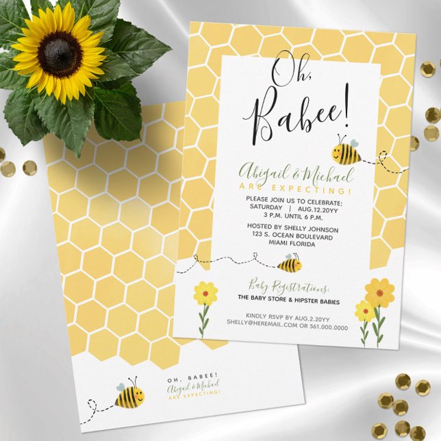 Convites Bonito Chá de fraldas de Abelhas de Aquecedora (Cute Bumble Bee Theme "Oh, Babee" Baby Shower Invitations -- Preview Customizations on Screen!)