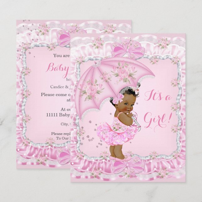 Convites Bonito Chá de fraldas Garota Floral Rosa Étnica (Frente/Verso)
