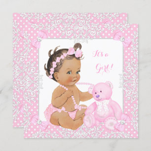 Convites Bonito Chá de fraldas Garota Lace Pink Bear Brunt